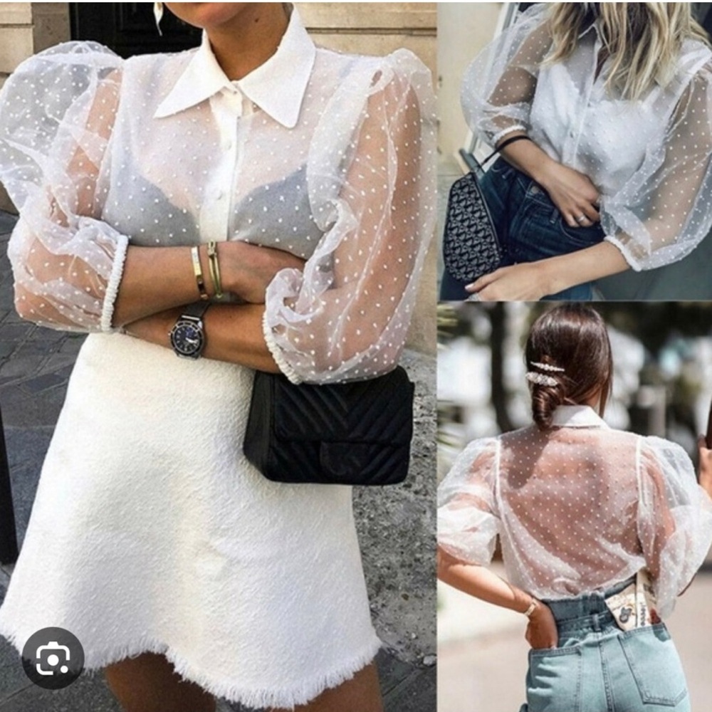 Zara Sheer White Polka Dot Blouse